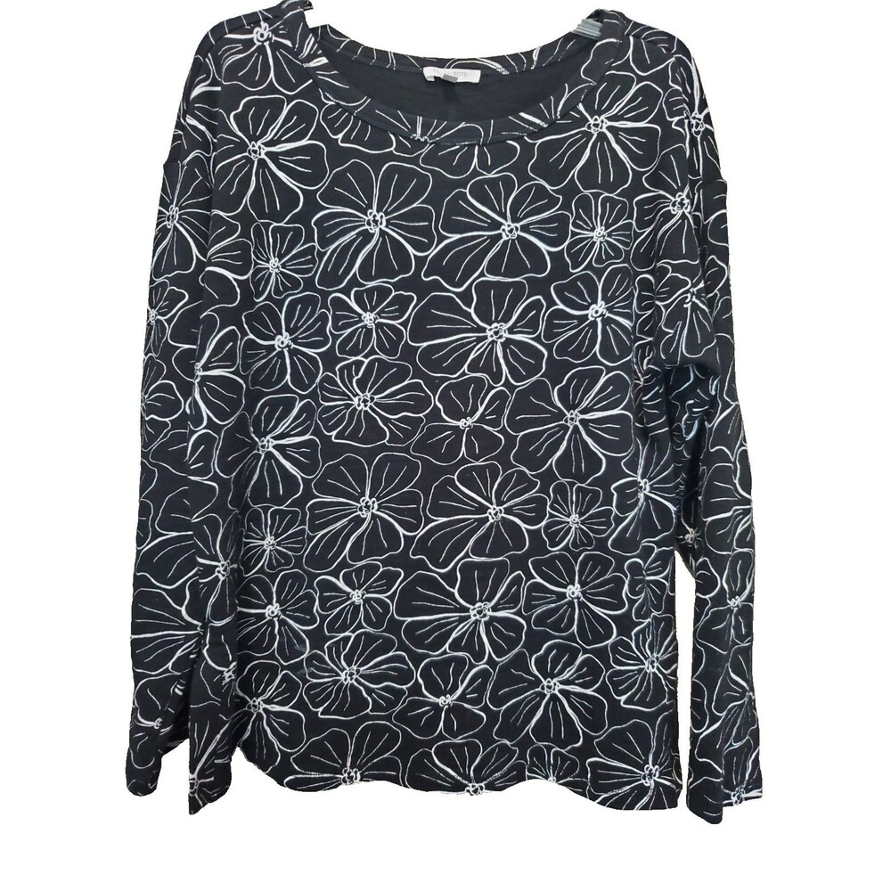 T By Talbots Black Floral French Terry Long Sleeve Boat Neck Knit Top Size Large
